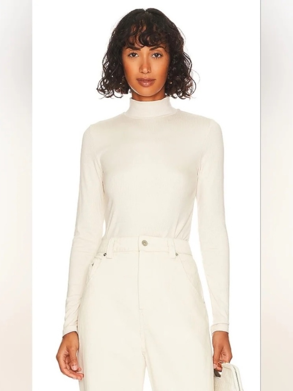 Vince XL Ribbed Long Sleeve Mock Neck Tee Shirt in Cream color